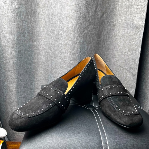 Franco Sarto Shoes - Franco Sarto LANCE Suede Studded Black Loafers Women’s Size 7 EUC Block Heels